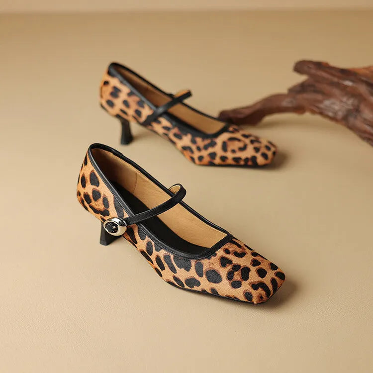 Women's black retro high heels with horse hair upper, square toe, stiletto heel, and an ankle strap buckle.