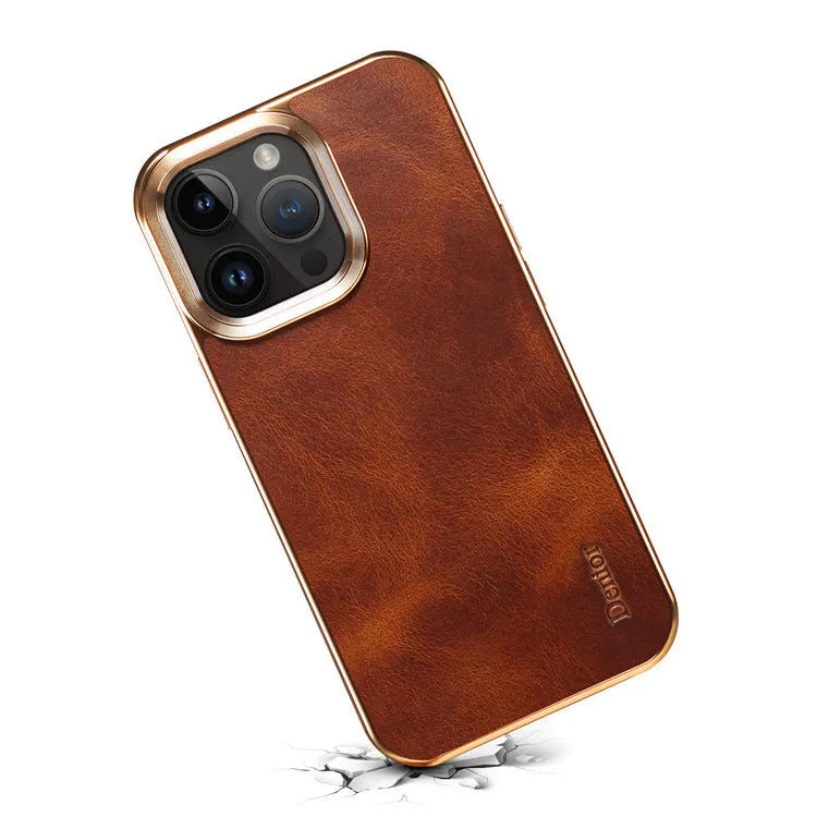 Handmade slim leather protective case for iPhone in black, shown fitted on a phone.