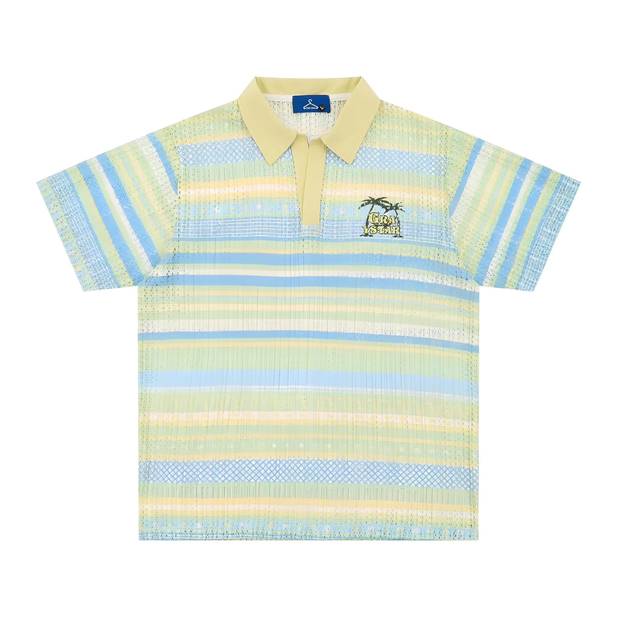 Men's loose-fit casual printed shirt in blue and yellow colours, made from elastic polyester fabric.