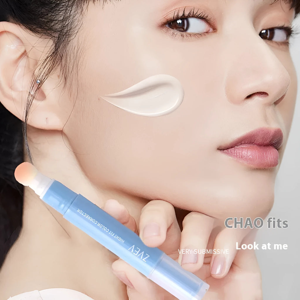Concealer pen cream with sponge brush head in three shade options for skin and clothing.