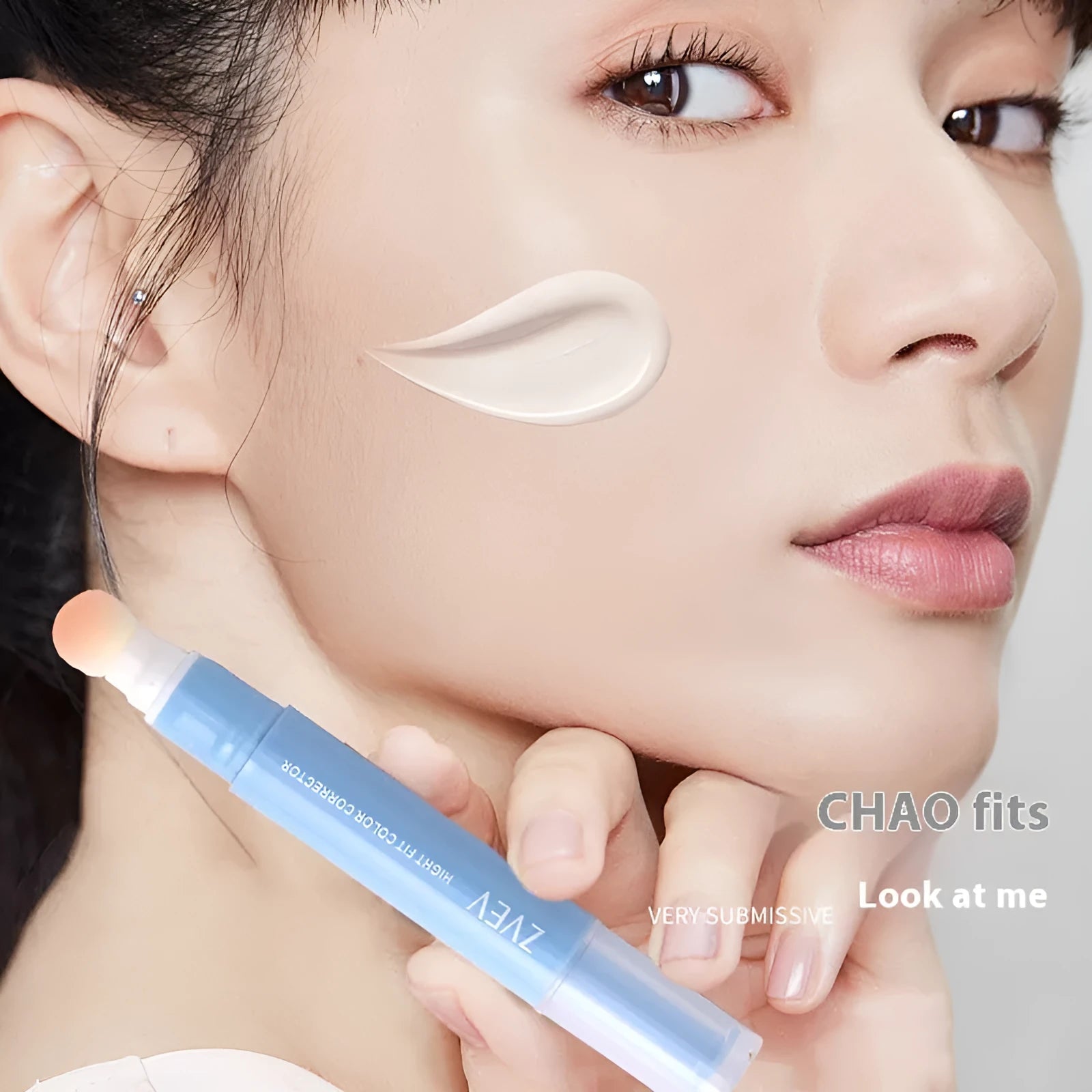 Concealer pen cream with sponge brush head in three shade options for skin and clothing.