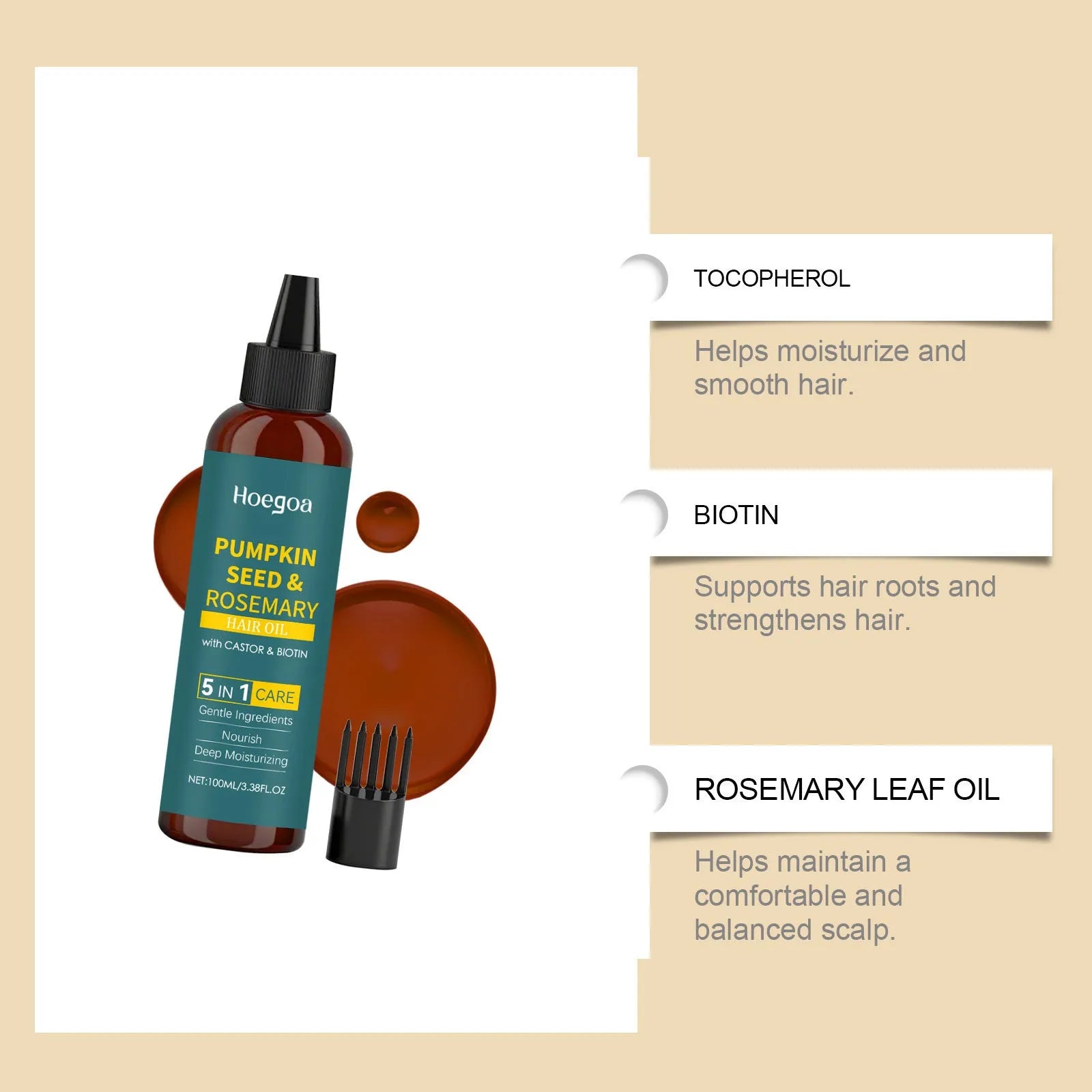 Rosemary hair care essential oil 100ml bottle with pointed cap and hair comb applicator tool