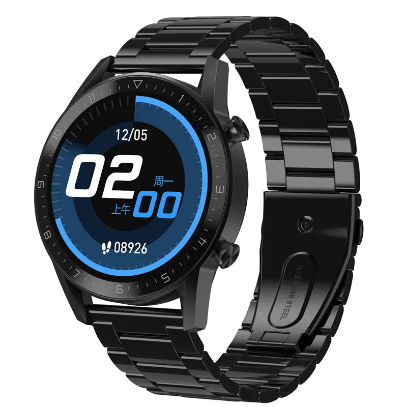 Men's black sports smart watch with 1.3-inch screen and genuine leather strap showing step counting display