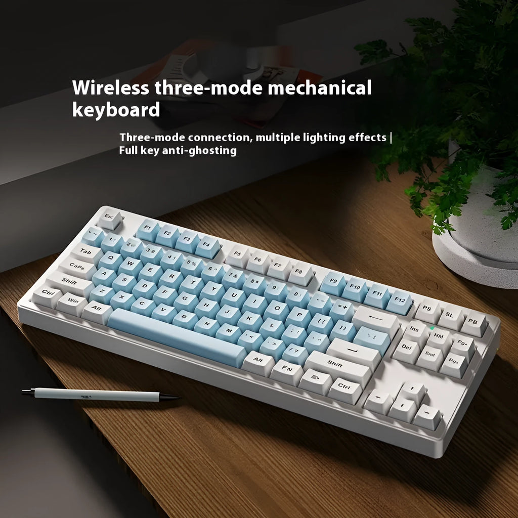 Office Game wireless mechanical keyboard showing 87-key and 108-key layout options in various colours