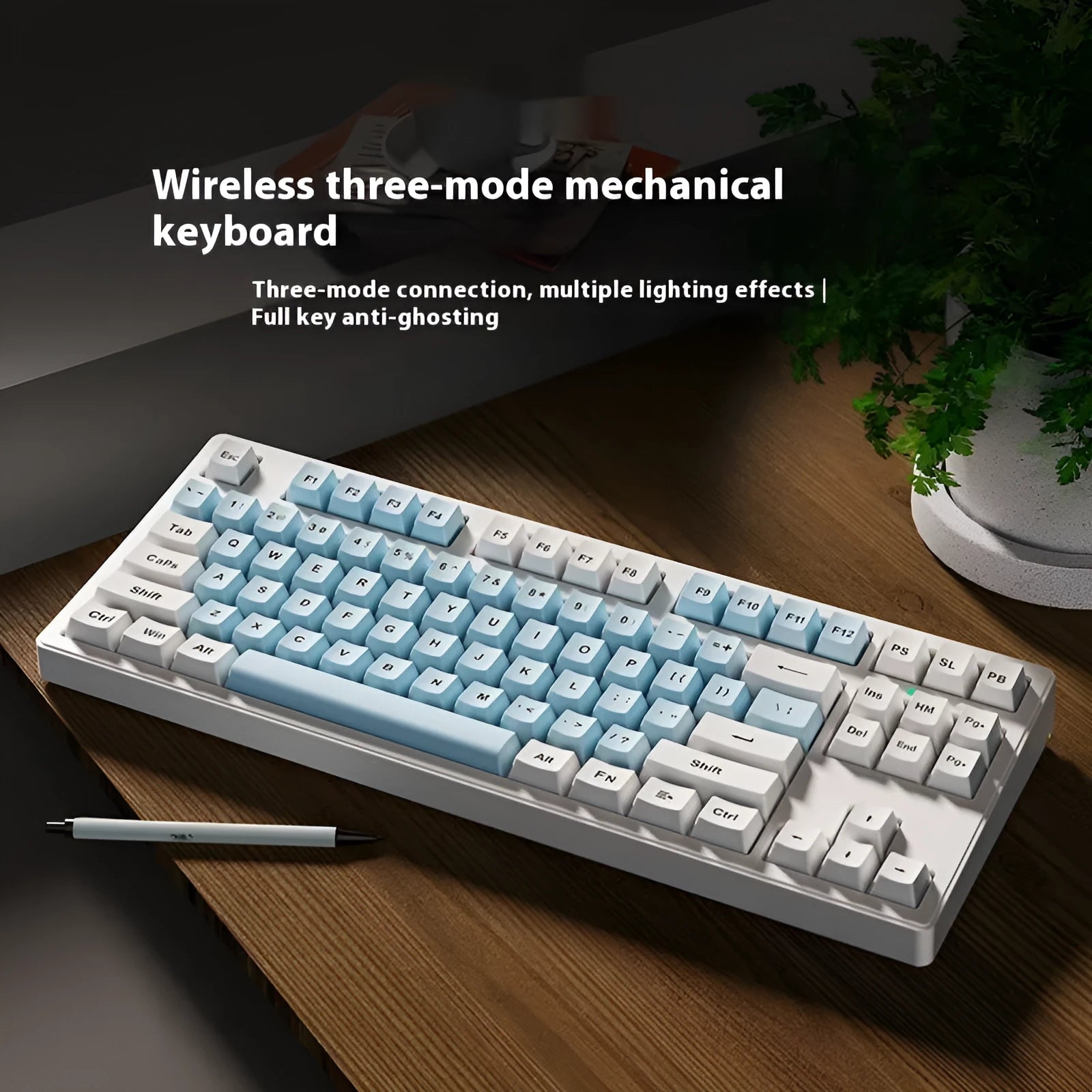 Office Game wireless mechanical keyboard showing 87-key and 108-key layout options in various colours