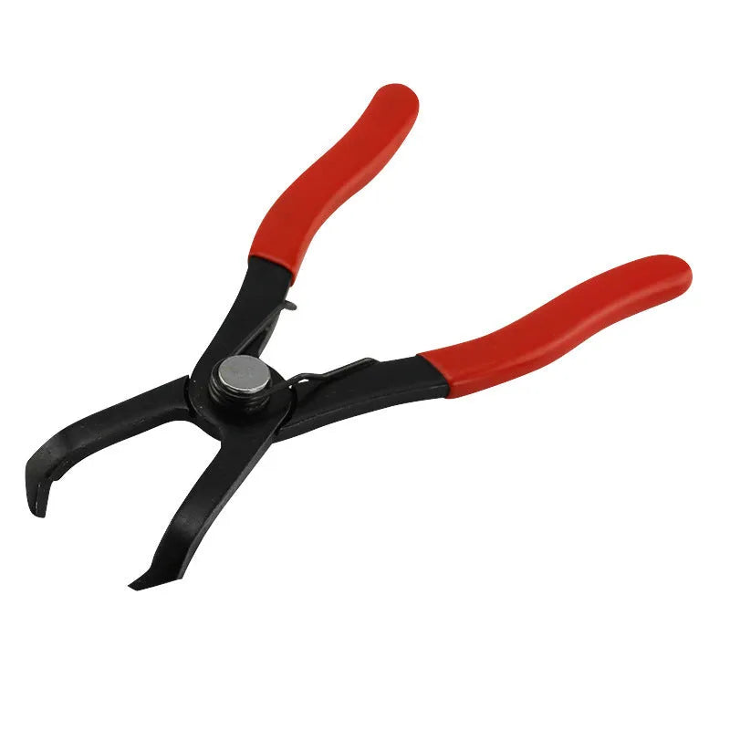 Red handled round nail removal pliers with adjustable jaws for door panel fasteners.
