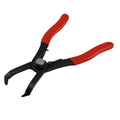 Red handled round nail removal pliers with adjustable jaws for door panel fasteners.