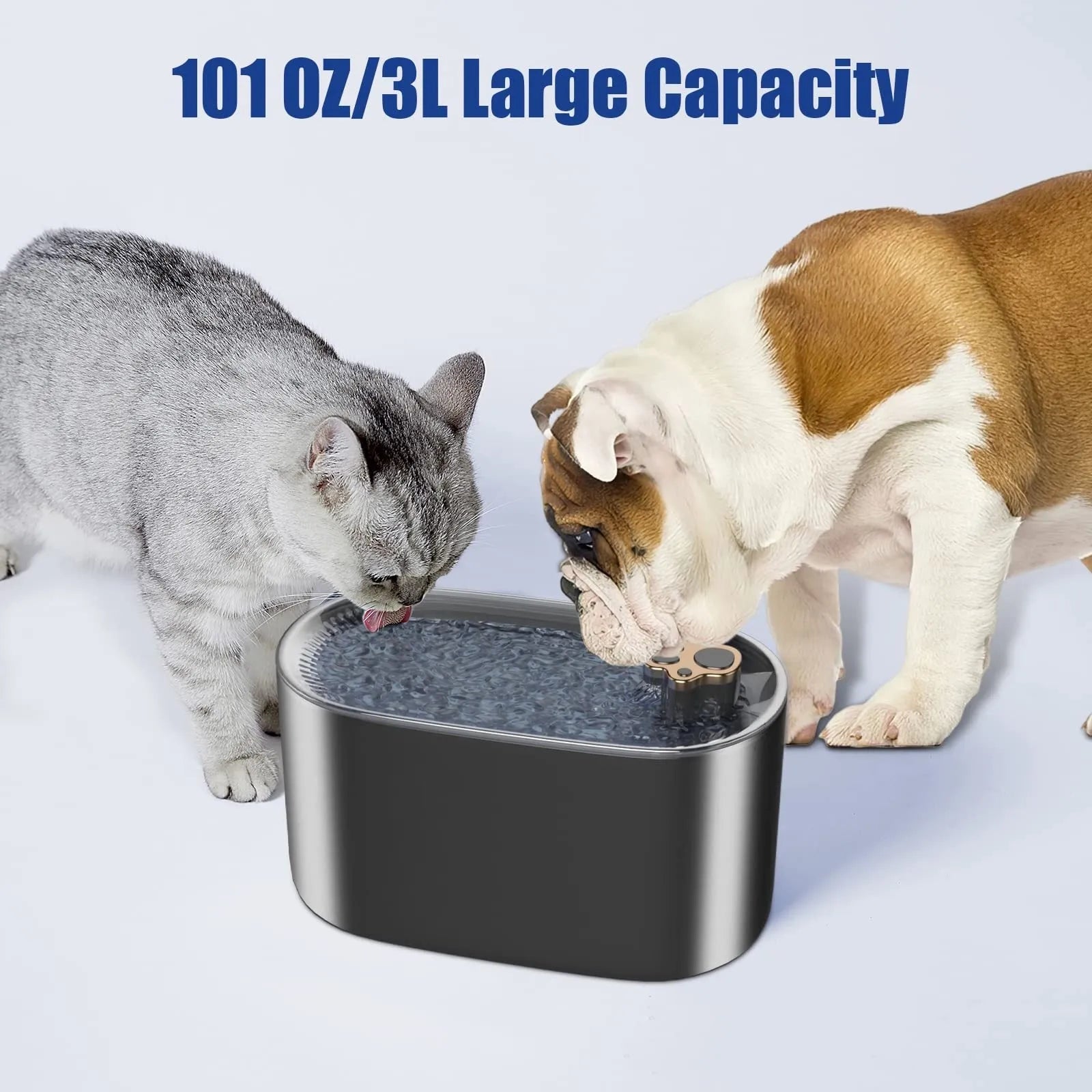 Berlin blue automatic pet water fountain with 3L capacity, filter cartridge, and LED indicator light