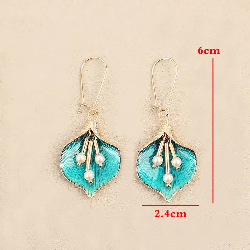 Women's Alloy Flower Earrings with Electroplating Finish - Retro Style Drop Earrings in Blue and Green for Everyday Wear, Dangle Earrings for Women