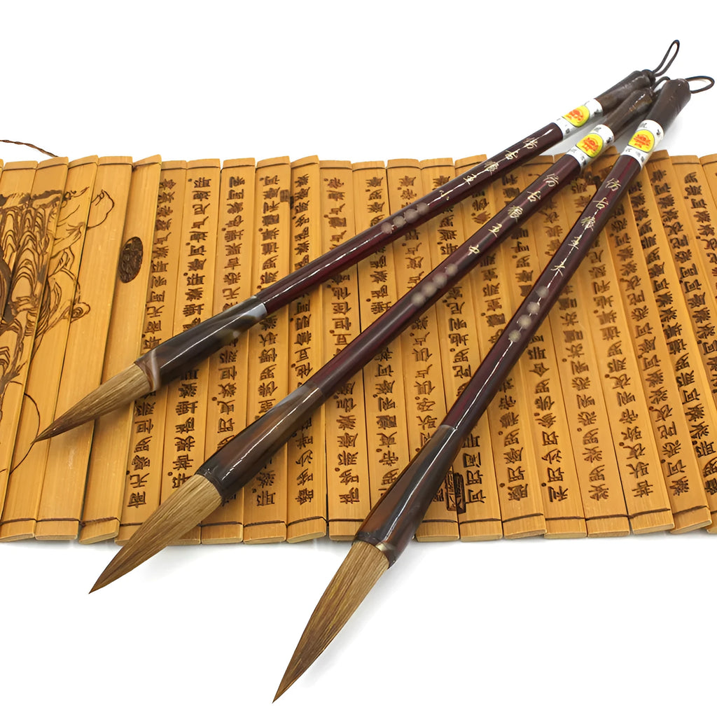Wolf Hao Longfeng traditional Chinese brush set with wolf hair nibs and steel handles in large, medium, and small sizes.