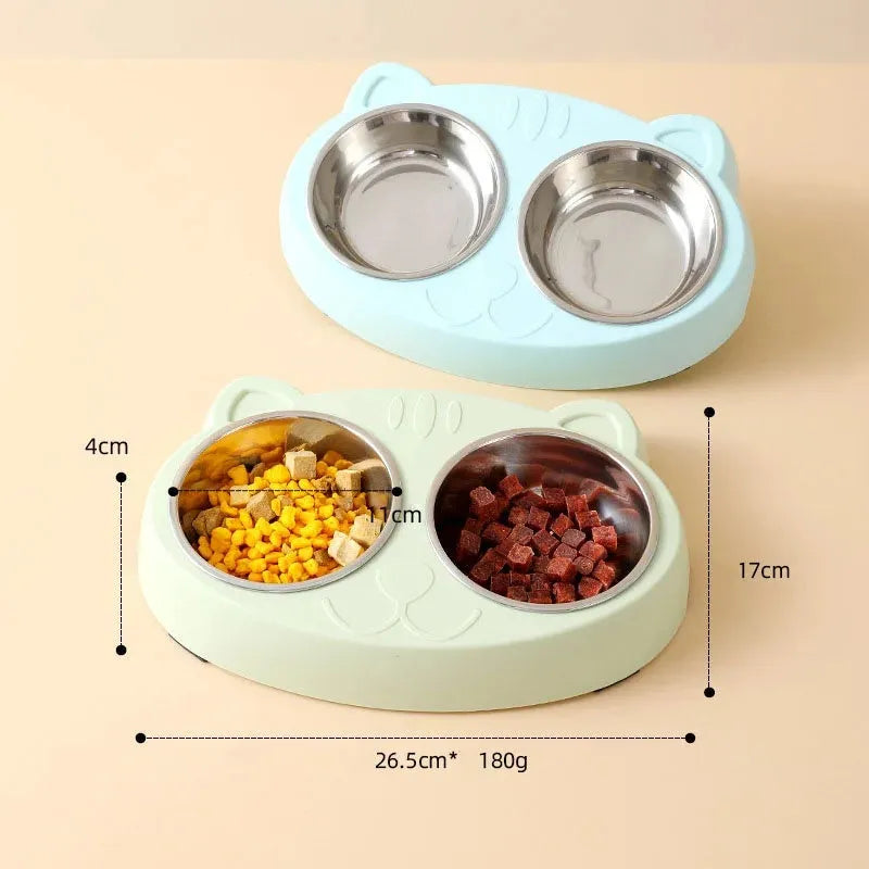 Macaron pet double bowl plastic feeding tray in blue green pink colours measuring 26.5 x 17 x 4 cm