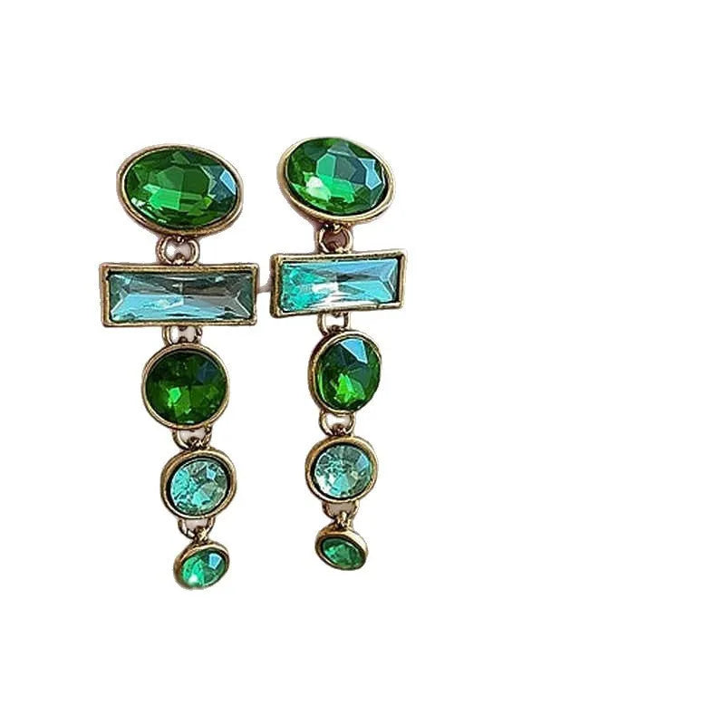 Green geometric tassel earrings with zircon inlaid design and Chinese-style aesthetic