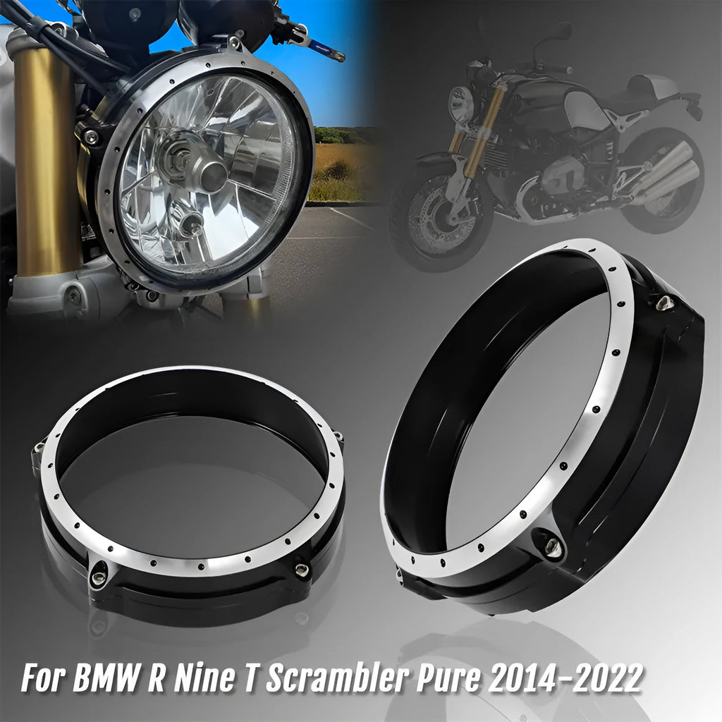 Black CNC aluminium headlight cover frame for BMW R NineT Scrambler motorcycle
