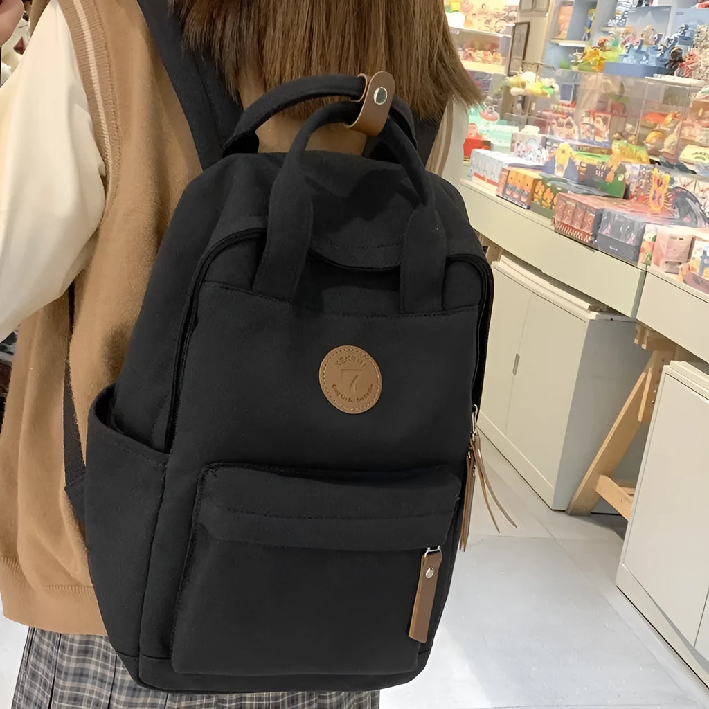 Black Oxford cloth retro fashion backpack with curved shoulder straps