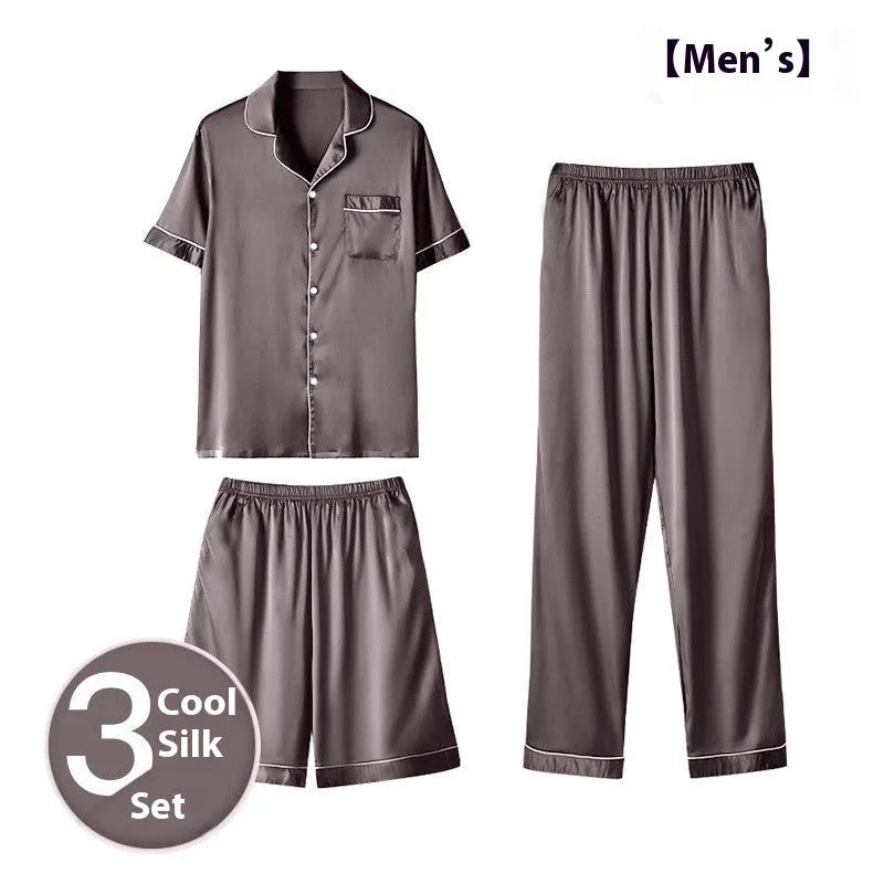 Men's ice silk three-piece homewear set in multiple colours showing top, shorts, and trousers for lounge wear