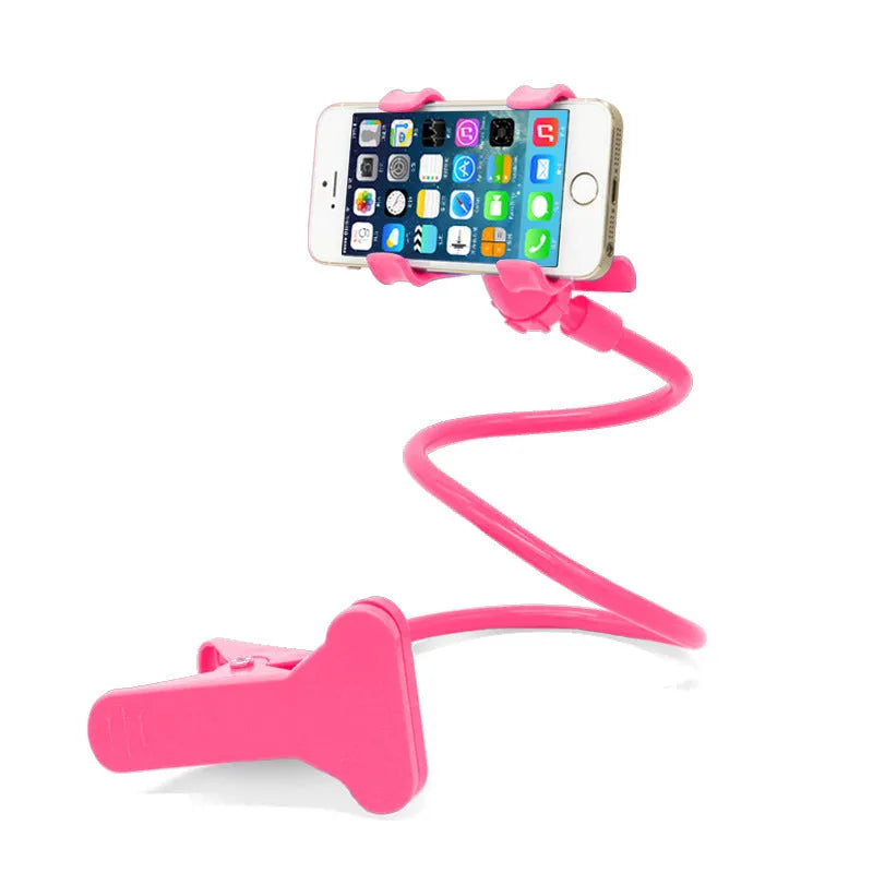 Black portable mobile phone holder with a long flexible arm and a V-clip, extended on a surface.