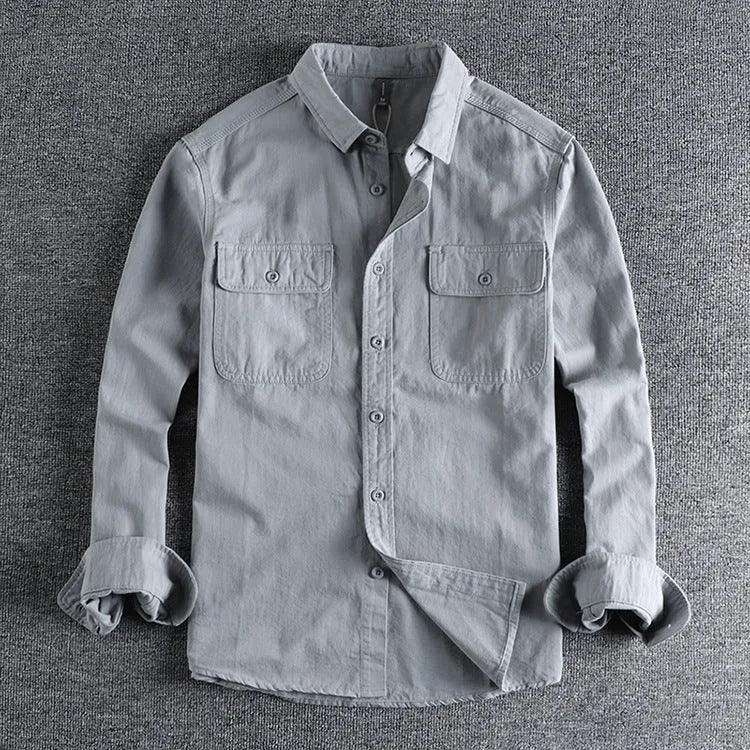 Men's loose fit long sleeve cardigan-style shirt in light grey, made from polyester fibre.