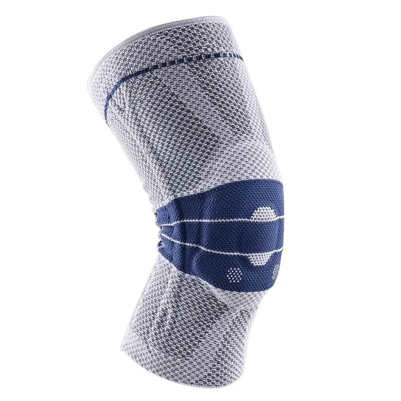 Adult sports kneepad in black and blue colours showing knee protection design