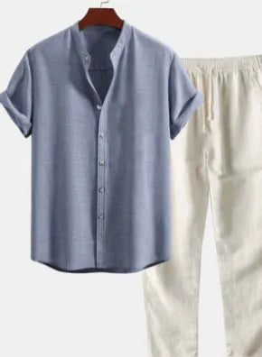 Men's loose fit linen blend short sleeve shirt and trousers casual suit set on a hanger.