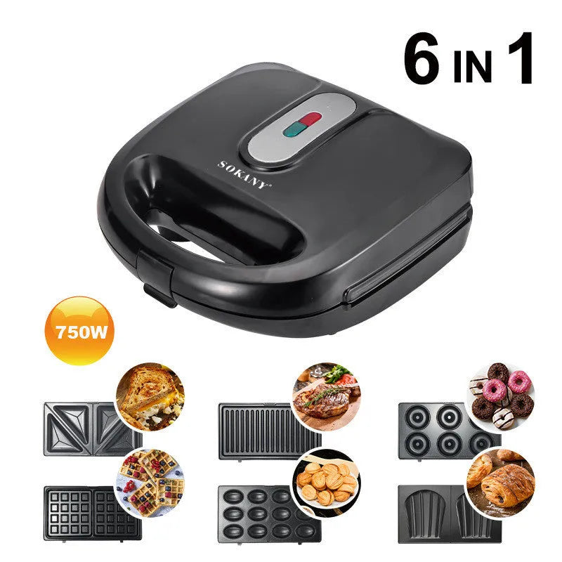 Black electric sandwich pan with double-sided heating and brushed stainless steel cover