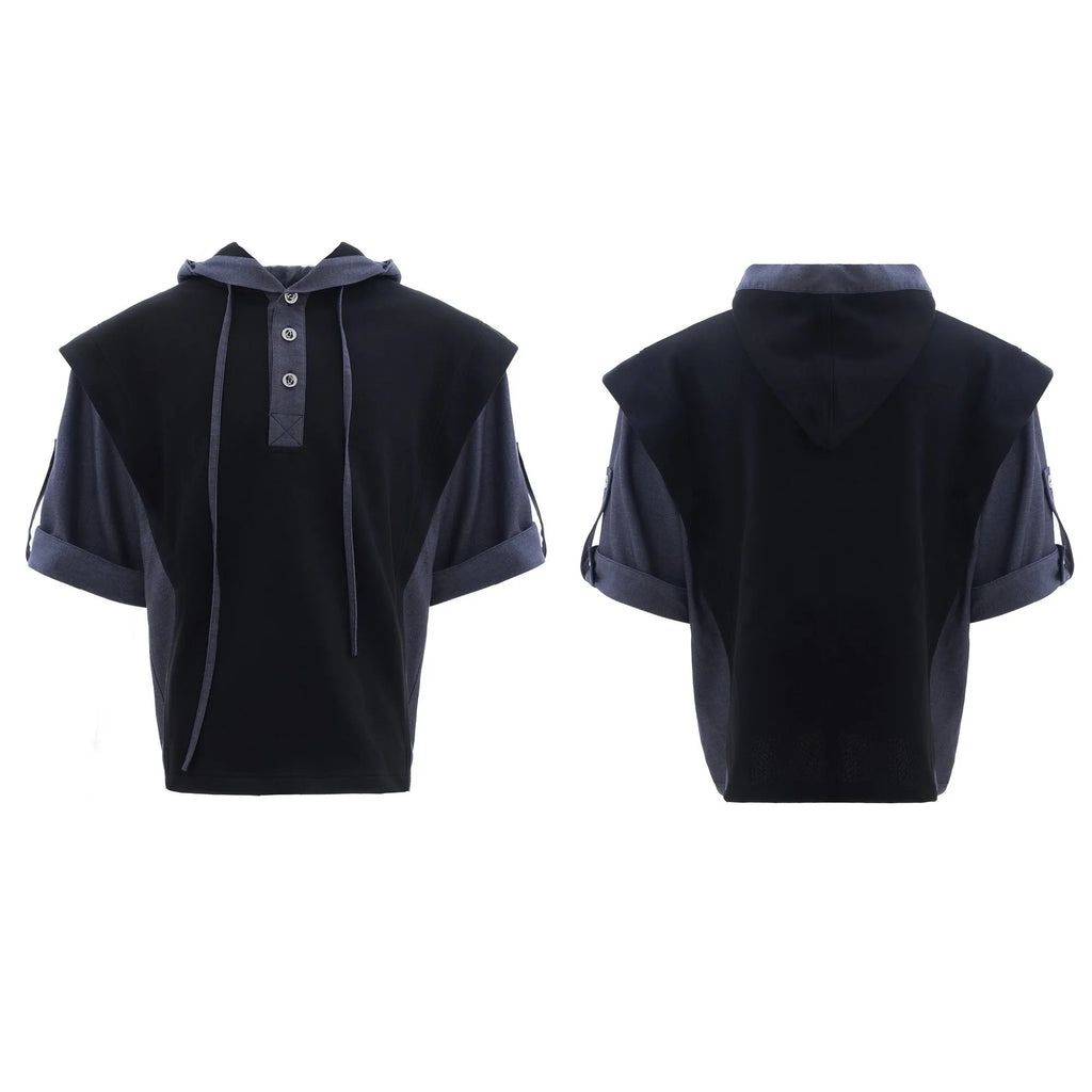 Men's hooded short sleeve sports suit with three-dimensional stitching on polyester jacket and matching trousers in black or grey