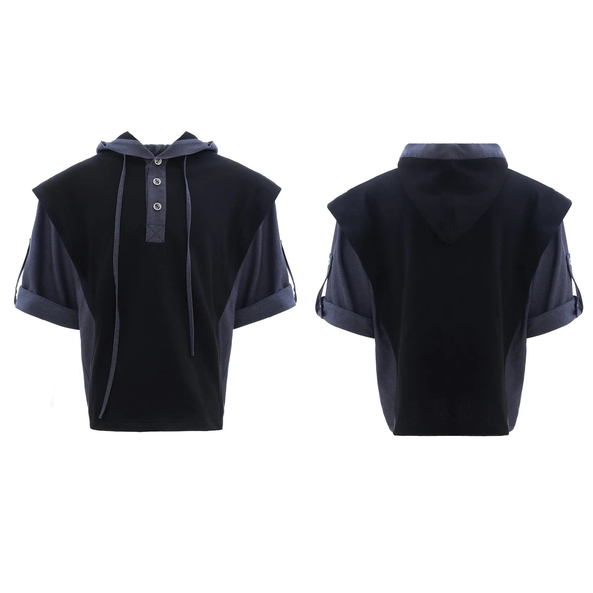 Men's hooded short sleeve sports suit with three-dimensional stitching on polyester jacket and matching trousers in black or grey