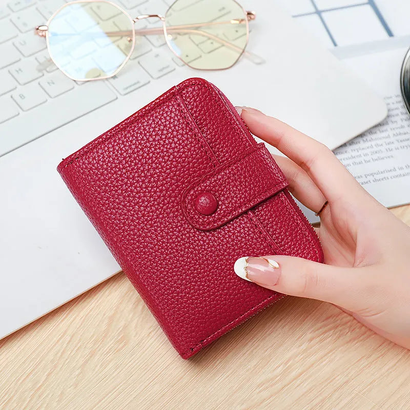 Ladies' short wallet with lychee pattern texture showing 2-fold design in beige, pink, black, and red colour options