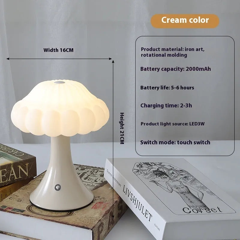 Mushroom-shaped night light with USB charging port and touch controls in five colour options