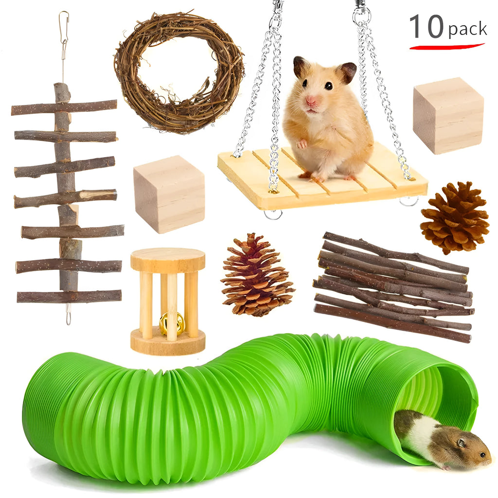 Wooden pet toy set with chewable pieces for rabbits, guinea pigs and parrots