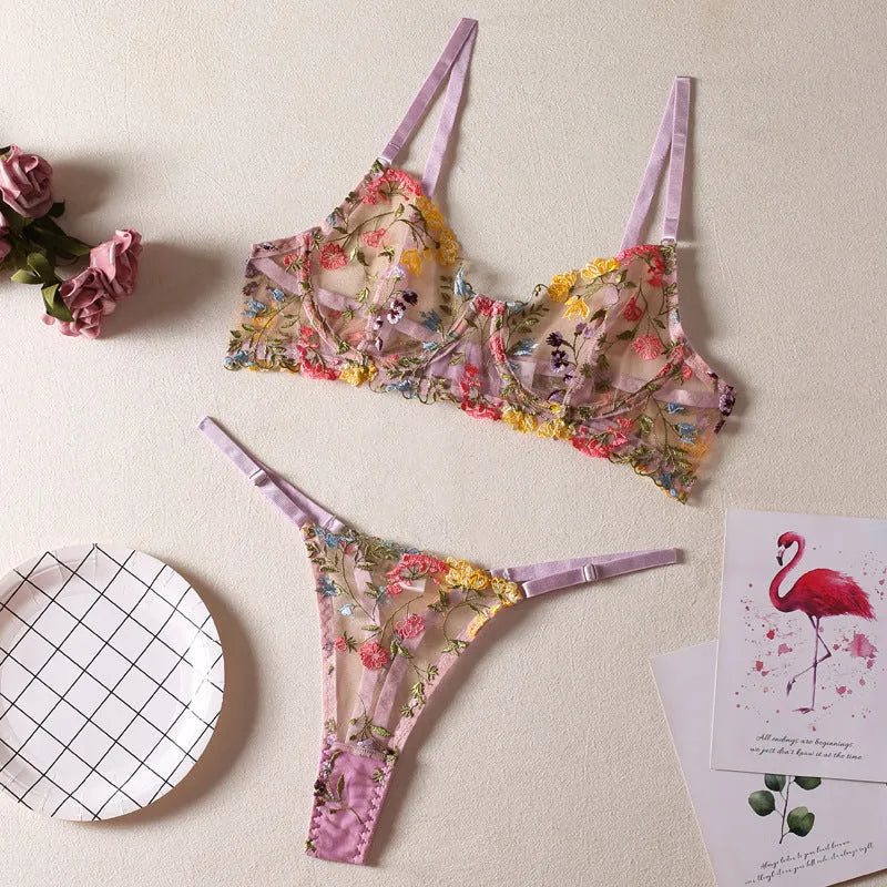Floral pattern mesh bra with steel ring T-back in multiple colours