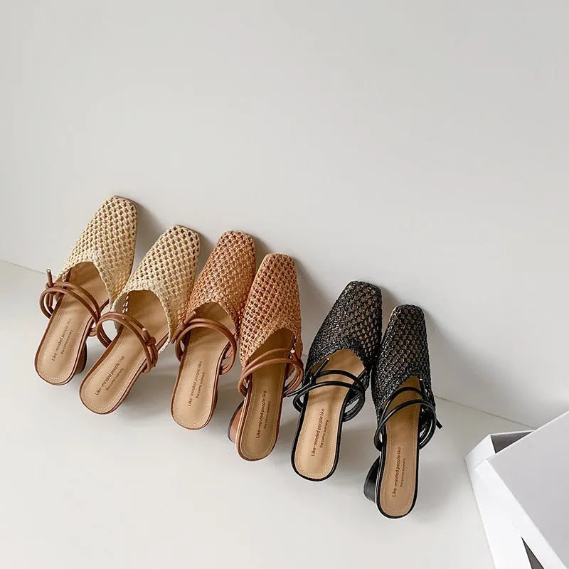 Women's black outdoor slippers with square toe box and chunky heels featuring breathable hollow-out design