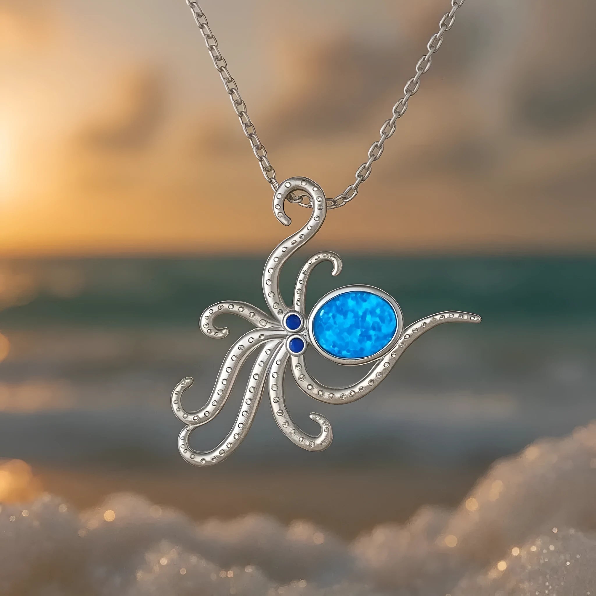 Silver Hawaiian octopus opal necklace with geometric pendant on stainless steel chain