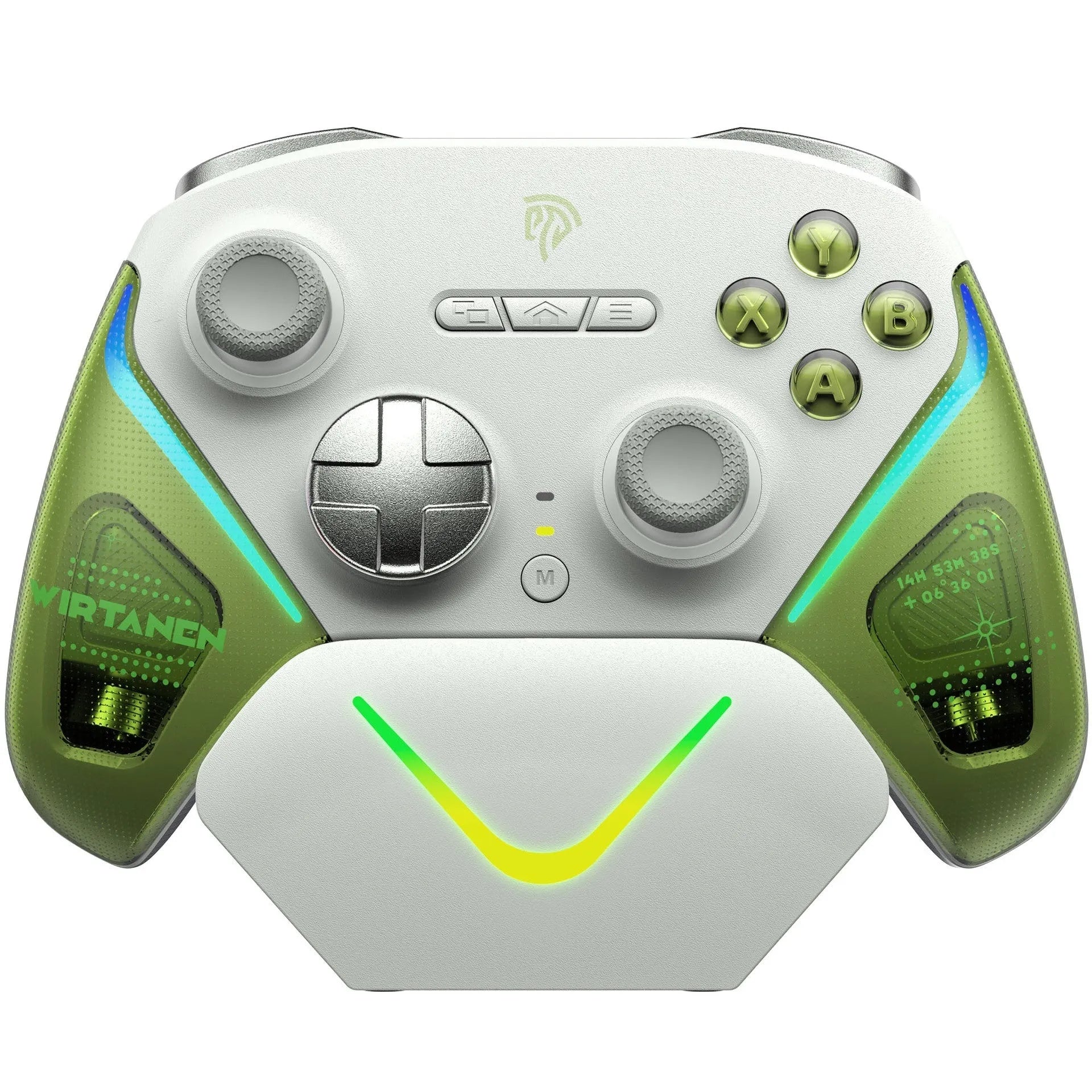 Rocker Smart gaming controller on charging base in black, green, or purple colour with Type-C port