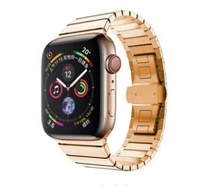 Silver metal Apple Watch band with butterfly buckle closure on 42mm Apple Watch case