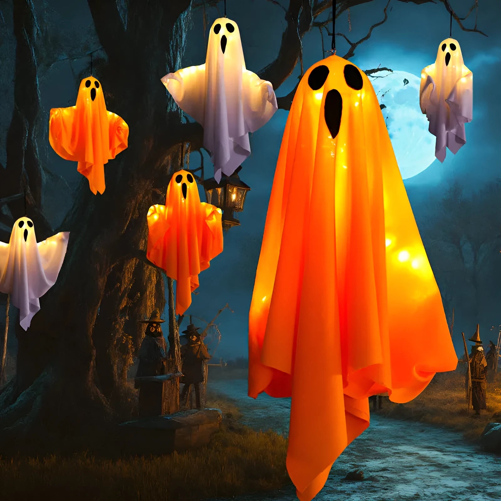 Ghost scream Halloween decoration light with cloth construction and battery-powered 4.5V electronics in white or orange