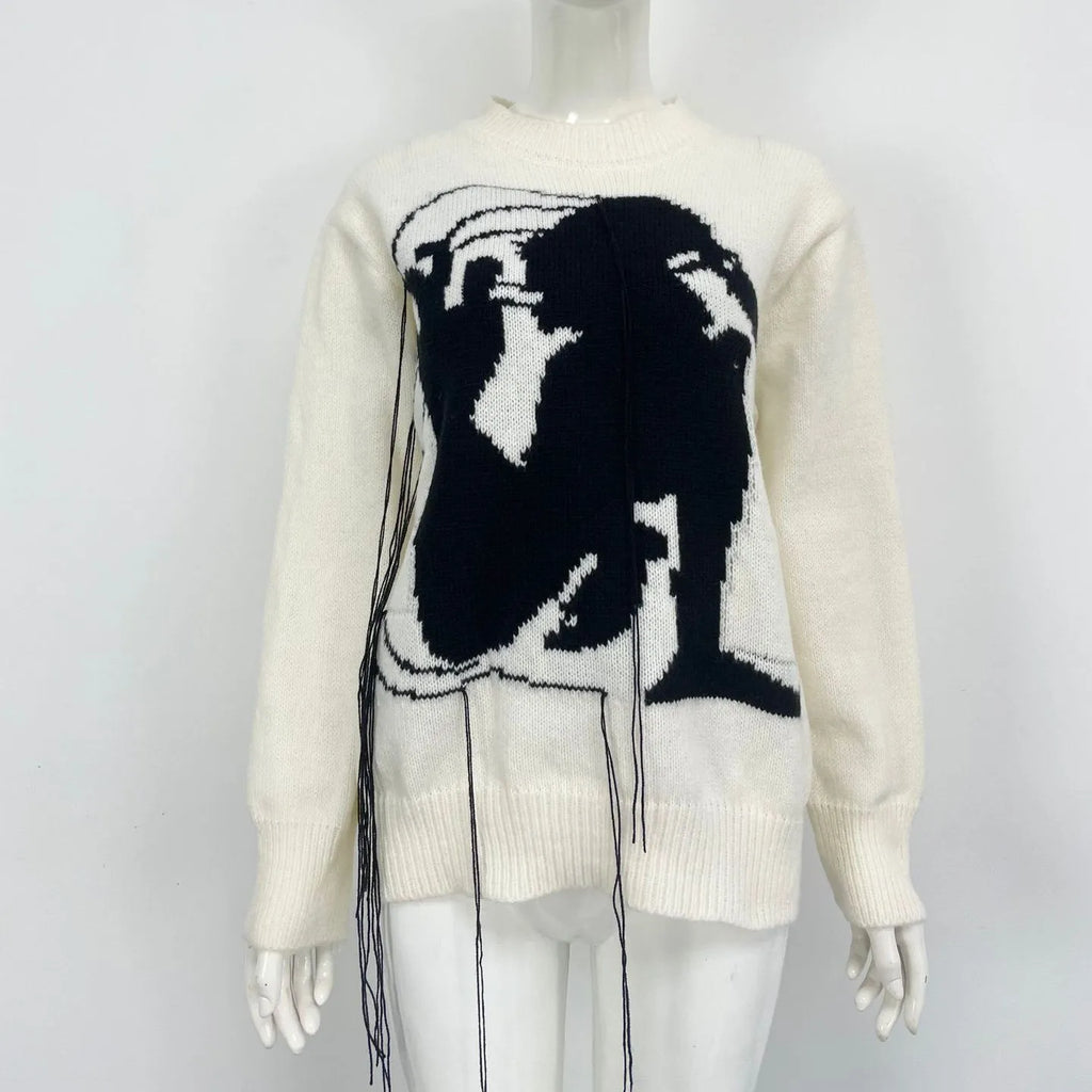 Women's loose grey alpaca wool sweater with abstract pattern tassel design round neck