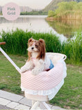 Pet stroller three-piece cushion set with removable cloth towel, pillow and pad in floral pattern.