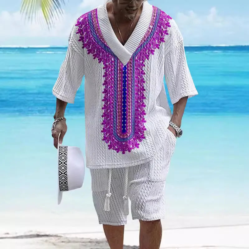 Men's casual knitted shorts suit set with short sleeves and drop-shoulder design