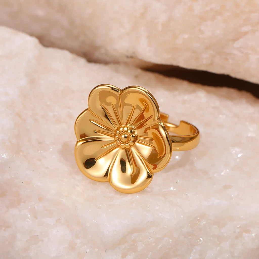 Stainless steel open design geometry ring with flower ocean pattern for women in affordable luxury style