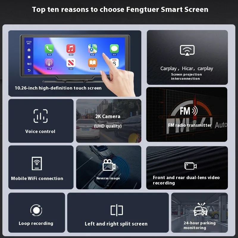 10-inch car smart screen with touchscreen display showing CarPlay interface and rear camera view