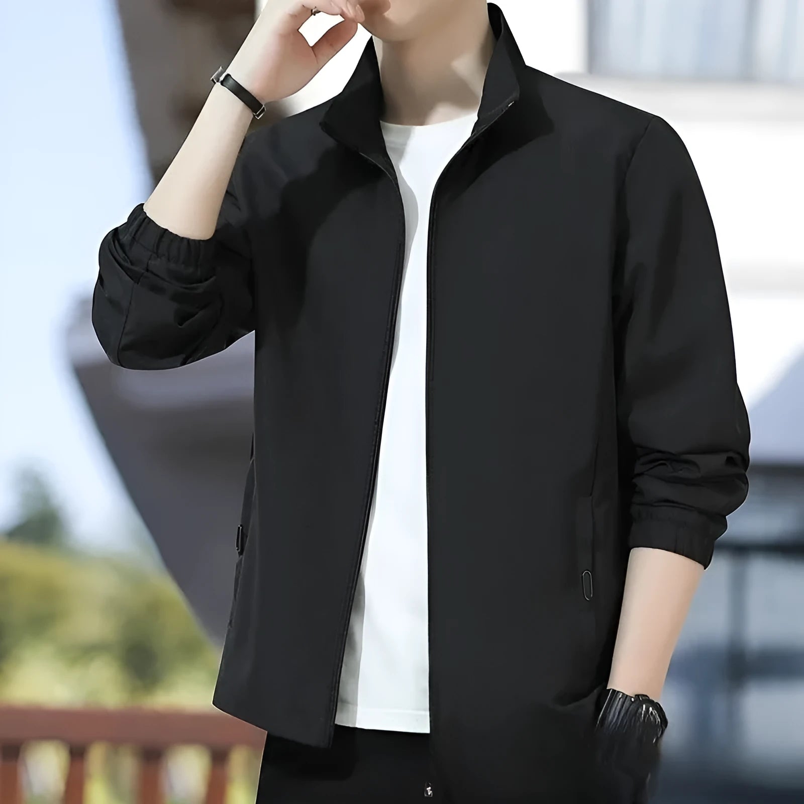 Korean-style men's loose lapel autumn jacket in a casual blue colour with zippered pockets.