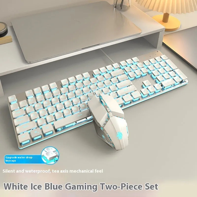 Wired mute keyboard with mechanical feel keys, shown in a Metal Black case with blue LED backlighting.