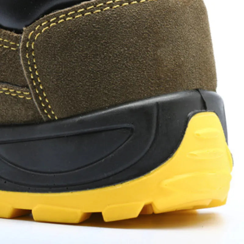 Bronze cowhide leather low-cut safety boots with a steel toe cap and solid rubber tread sole.