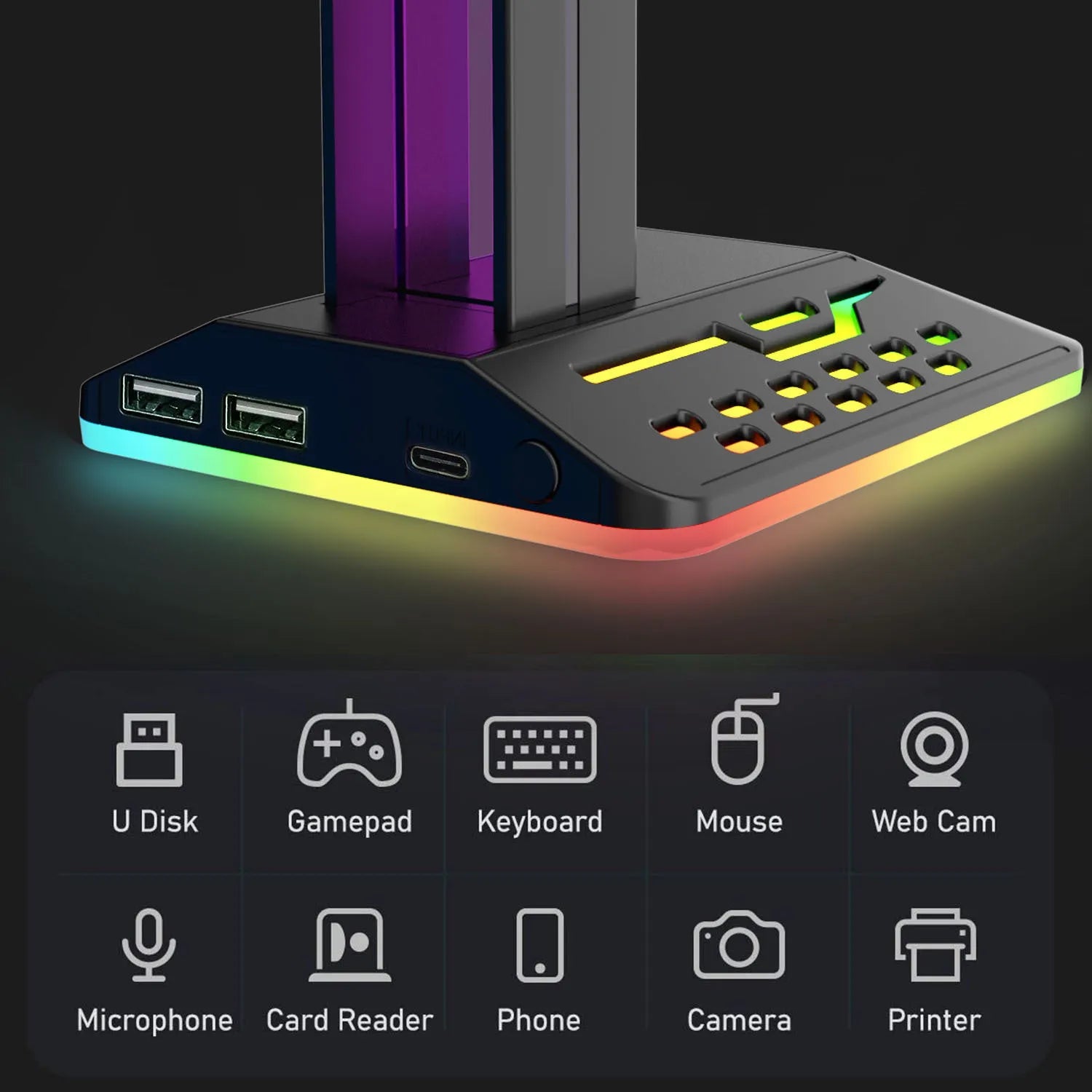 RGB colour-changing headset display bracket with dual USB ports and a 1.5-metre cable on a desk