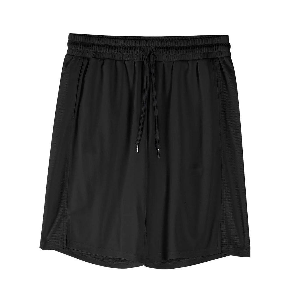 Men's black quick-drying mesh shorts with elastic waistband and loose fit for summer sports
