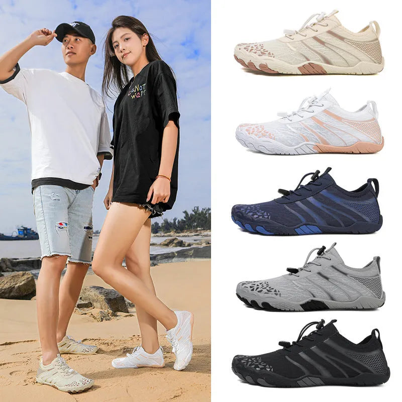 Pair of casual unisex running shoes with Lycra stretch fabric upper, shown in beige colour.