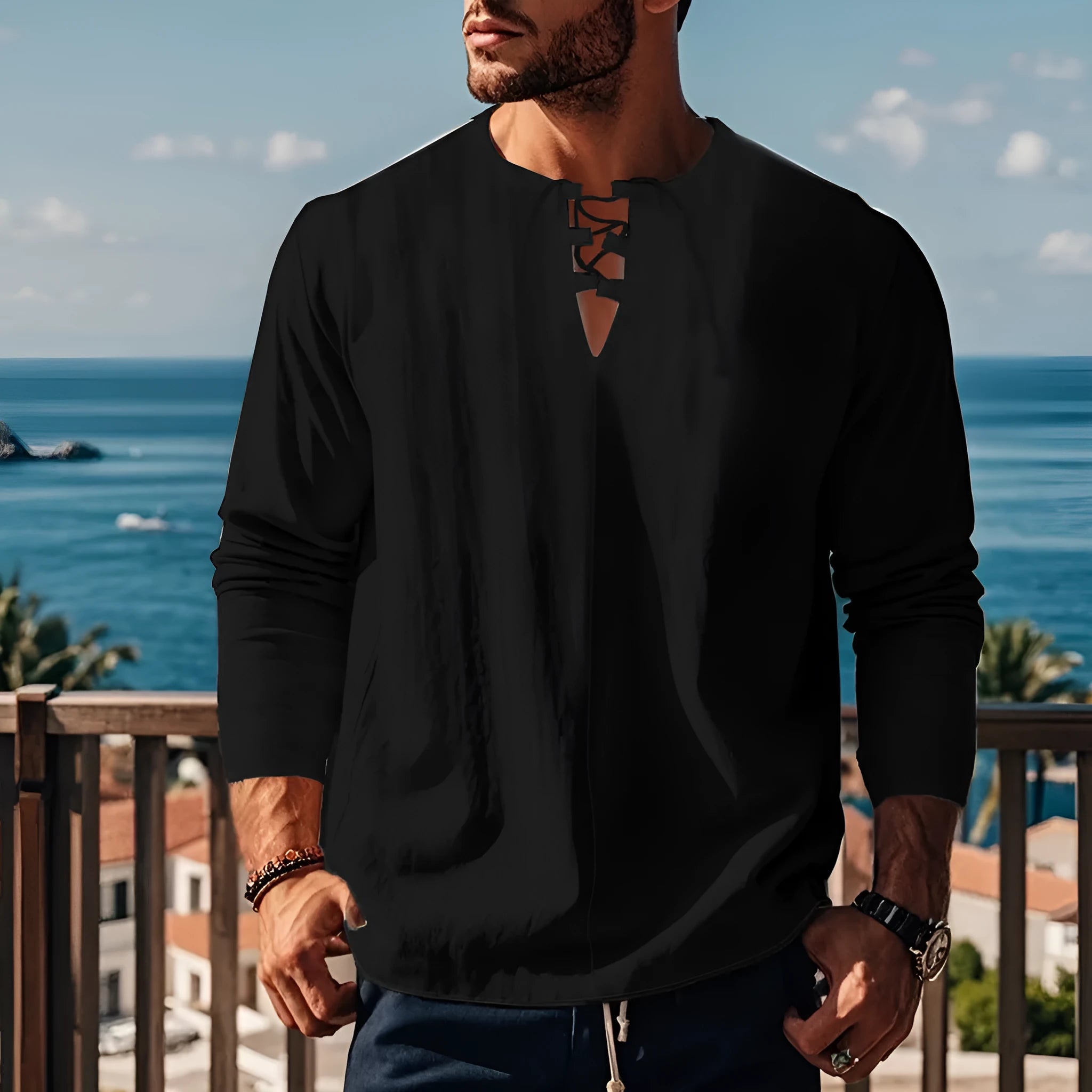 A man wearing a loose-fit solid colour cotton linen blend casual shirt.