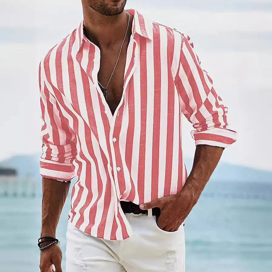 Men's yarn-dyed striped casual shirt with loose British style cardigan fit in polyester fabric
