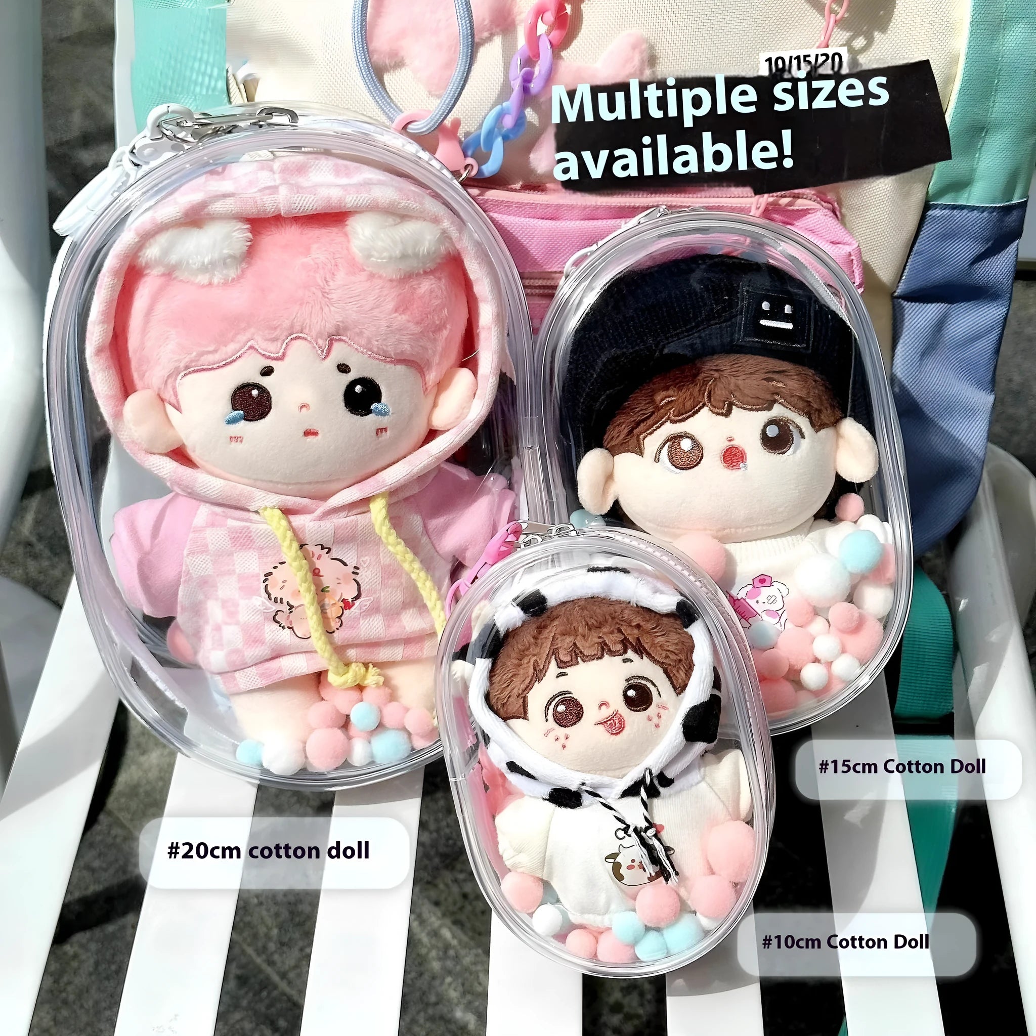 17cm transparent PVC cartoon backpack storage bag with colourful ball keychain