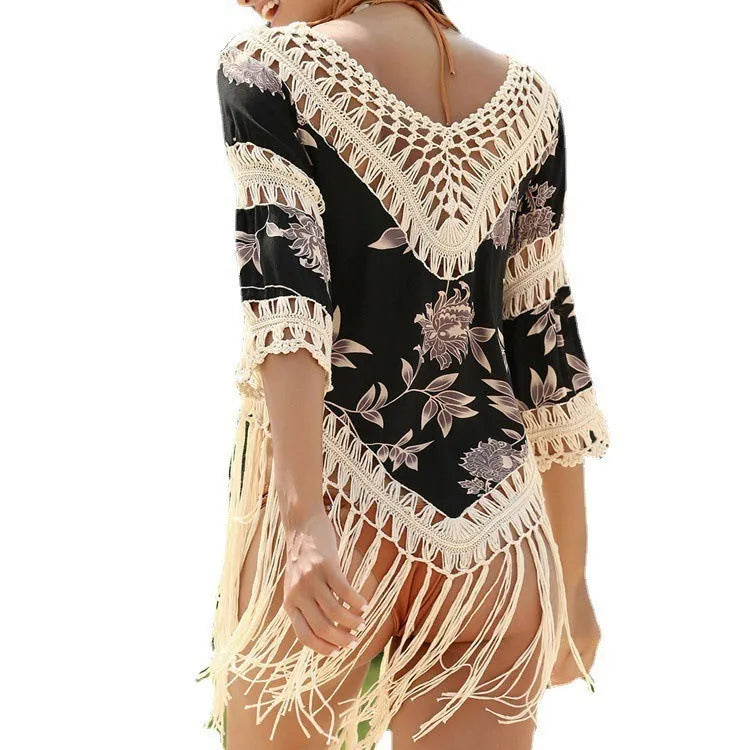 Women's mercerised cotton sun protection blouse with V-neck and hollow-out sleeves in apricot colour